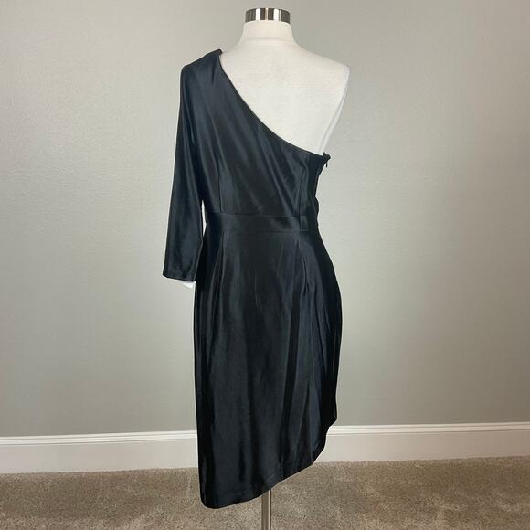Adrianna Papell Satin One Shoulder Long Sleeve Midi Cocktail Dress Black Size 10 - Picture 6 of 14